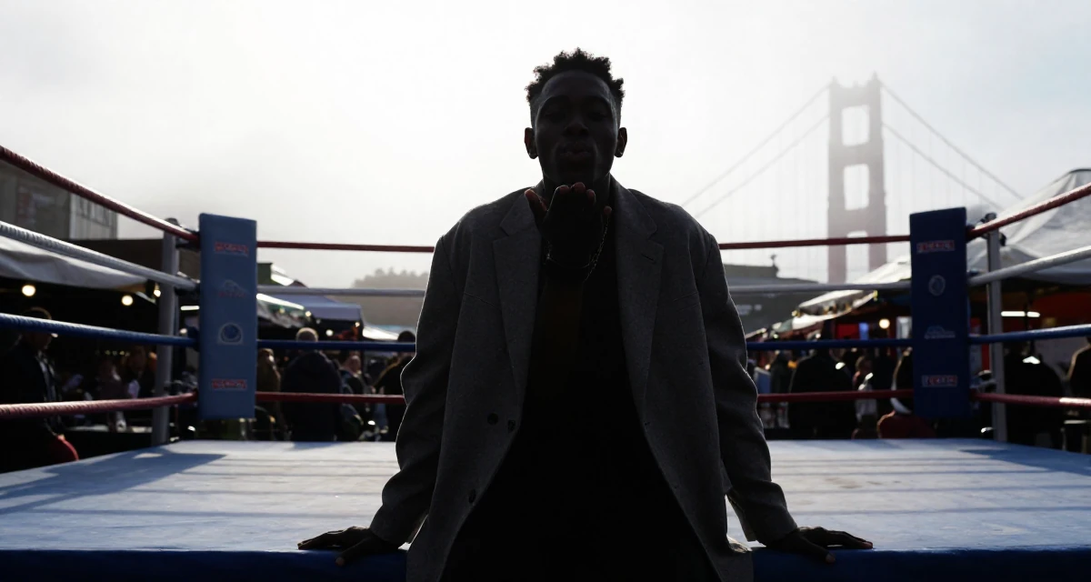 A self-assured male From the United Kingdom, based in Manchester, graduated from a city university majoring in marketing strategy in their 33, dealing with rising living costs, wearing a oversized blazer draped over the shoulders, blowing a kiss in a boxing ring.