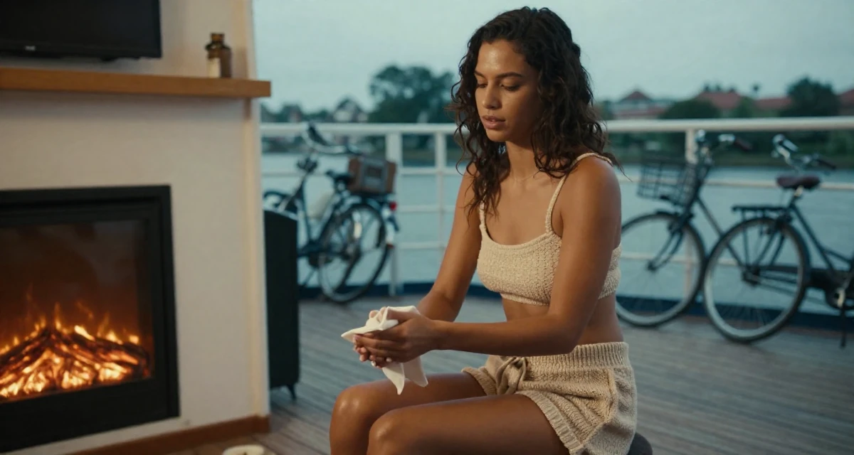 A focused Female Former hotel housekeeper, now offering intimate behind-the-scenes content in their 26, cutting off toxic relationships and habits, wearing a knitted loungewear shorts and a matching tiny top, wiping hands in a ferry deck.