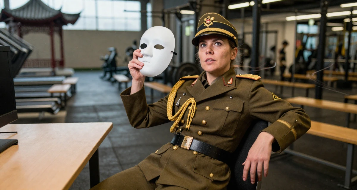 A rebellious Female Grew up in the Czech Republic, studied digital film production in their 48, sharing stories of overcoming career setbacks, wearing a military general uniform with gold braiding and a hat, holding a mask (cosplay/prop) in a gym interior.