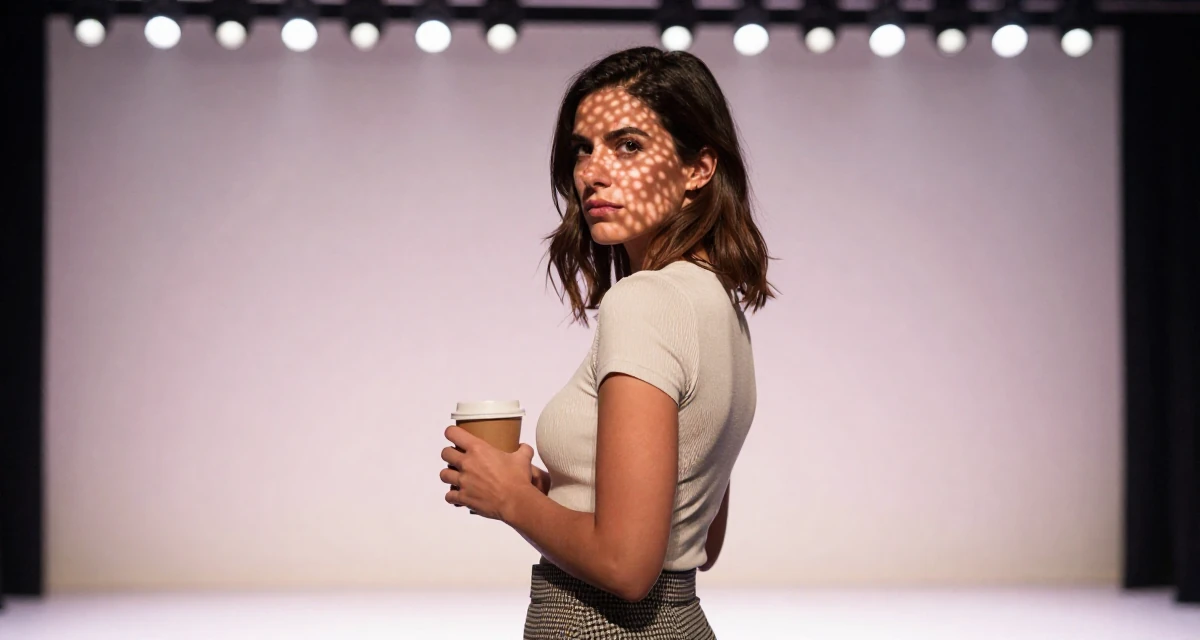 A arrogant Female Born in Cyprus, studied tourism development in their 30, recovering workaholic learning to relax, wearing a fitted ribbed top and a check pattern skirt, holding a coffee cup with both hands in a theater stage.