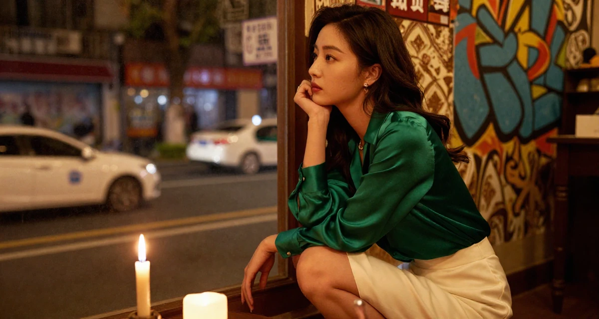 A wistful Female From Nanjing China, picked up videography working backstage at events in their 36, pivoting career paths completely, wearing a emerald green silk blouse and a cream skirt, watching traffic pass by in a vintage bookstore.