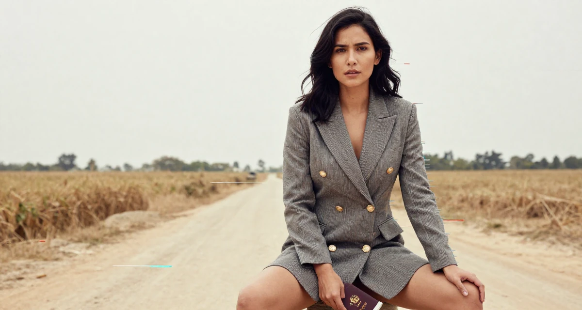 A enigmatic Female From Johor Malaysia, learned portrait photography through freelance work in their 25, managing fluctuating confidence, wearing a double-breasted blazer dress with gold buttons, holding a passport in a farm field.