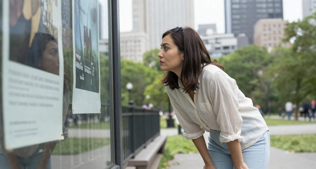 A determined Female Once a junior accountant, now embracing creative independence in their 24, taking creative work more seriously, wearing a light and airy spring attire, checking a reflection in a window in a quiet park.