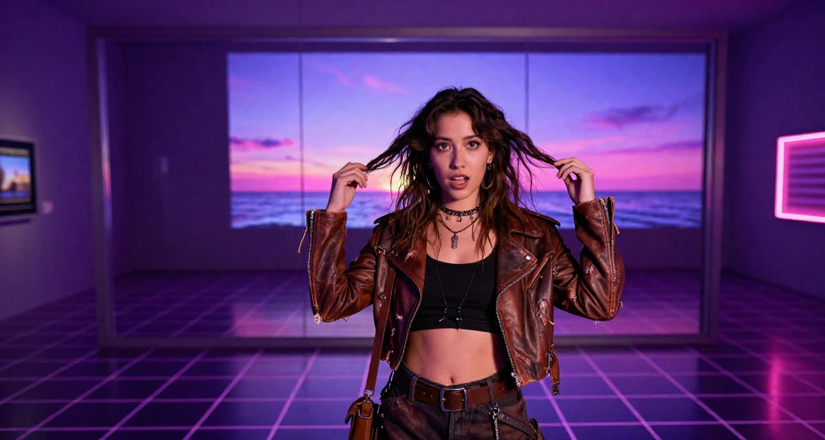 A inspired Female Former security guard, now a bold confidence-themed creator in their 22, developing a bold persona that feels authentically “me”, wearing a post-apocalyptic scavenger outfit with distressed leather, fixing a loose strand of hair in a museum exhibit.