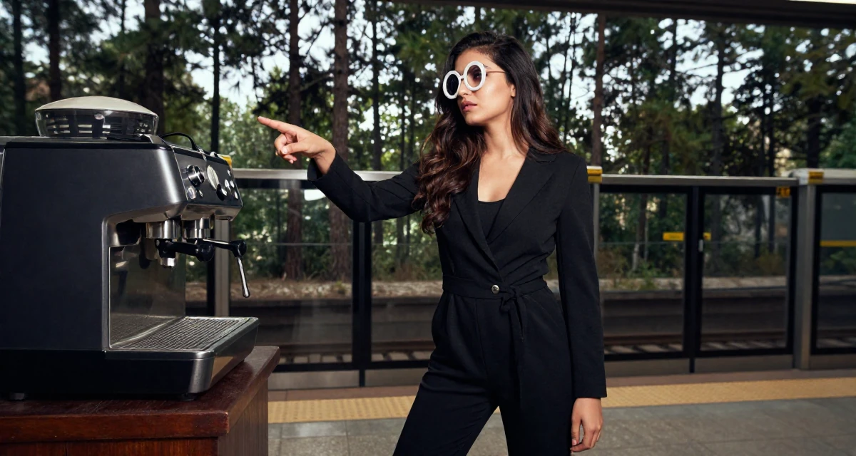 A content Female From Pakistan, based in Lahore, graduated from a business school majoring in marketing management in their 21, feeling the pressure of impending graduation, wearing a black jumpsuit with a blazer style top, pointing at something nearby in a subway platform.