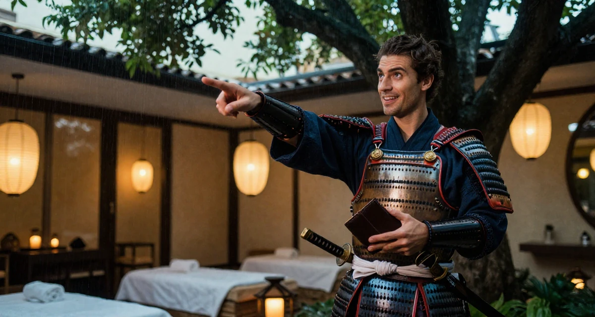 A magnetic male From Milan Italy, studied fashion styling in their 24, performing with growing confidence and playful charm, wearing a samurai armor set with a katana at the waist, checking a wallet in a luxury spa room.