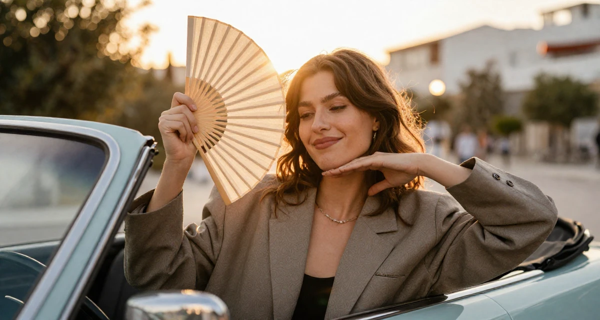 A blissful Female From Athens Greece, studied philosophy in their 24, hitting creative block but needing income anyway, wearing a oversized blazer draped over the shoulders, fanning self with a hand in a vintage convertible car.