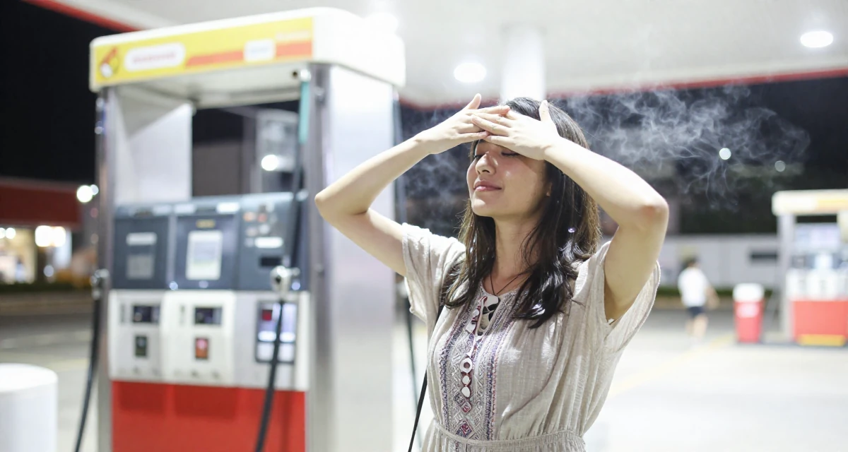 A harmonious Female From Singapore, based in Jurong, graduated from a polytechnic majoring in aesthetic marketing in their 25, adjusting to newfound independence, wearing a relaxed bohemian style dress, covering eyes from the sun in a gas station at night.