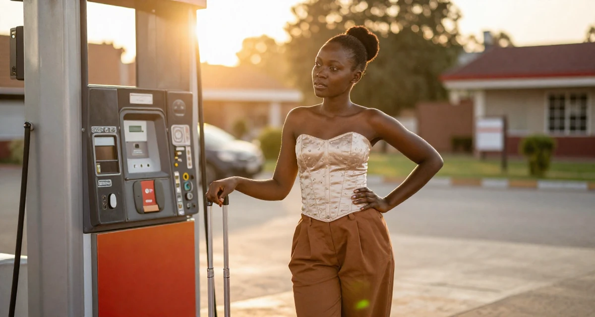 A dreaming Female From Uganda, majored in telecommunication engineering in their 22, learning how to communicate professionally, wearing a corset-style top and wide-leg trousers, polling a luggage handle in a gas station at night.