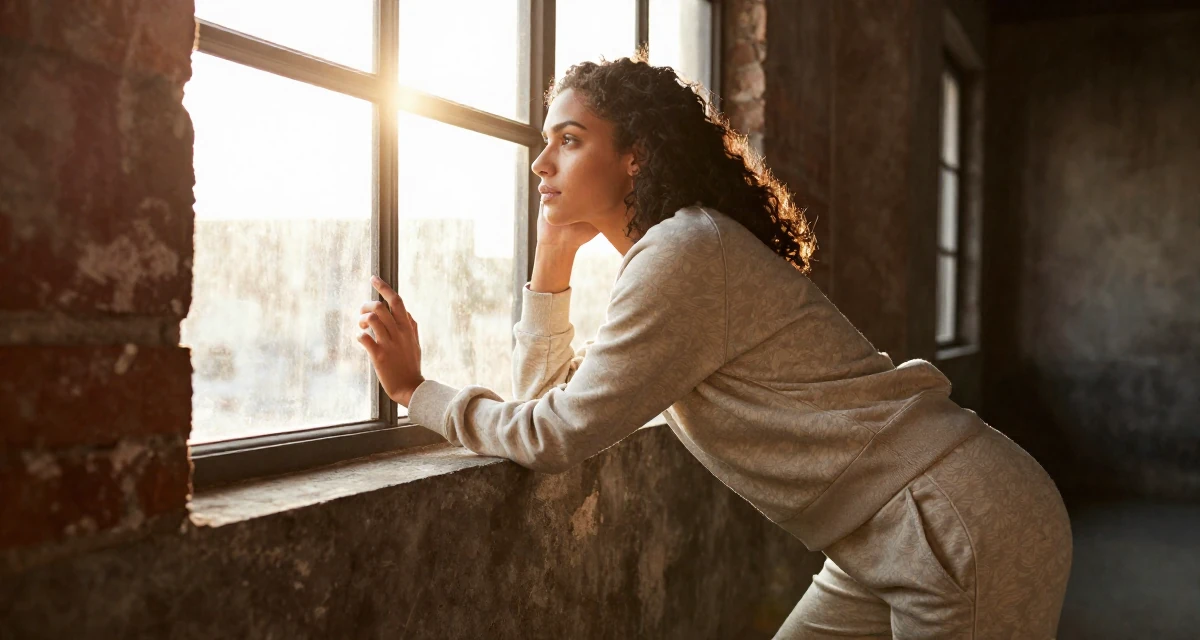 A reassured Female From Brazil, trained in digital cinematography in their 24, taking care of their physical health consistently, wearing a relaxed jogger and sweatshirt combo, looking out the window in a industrial loft.