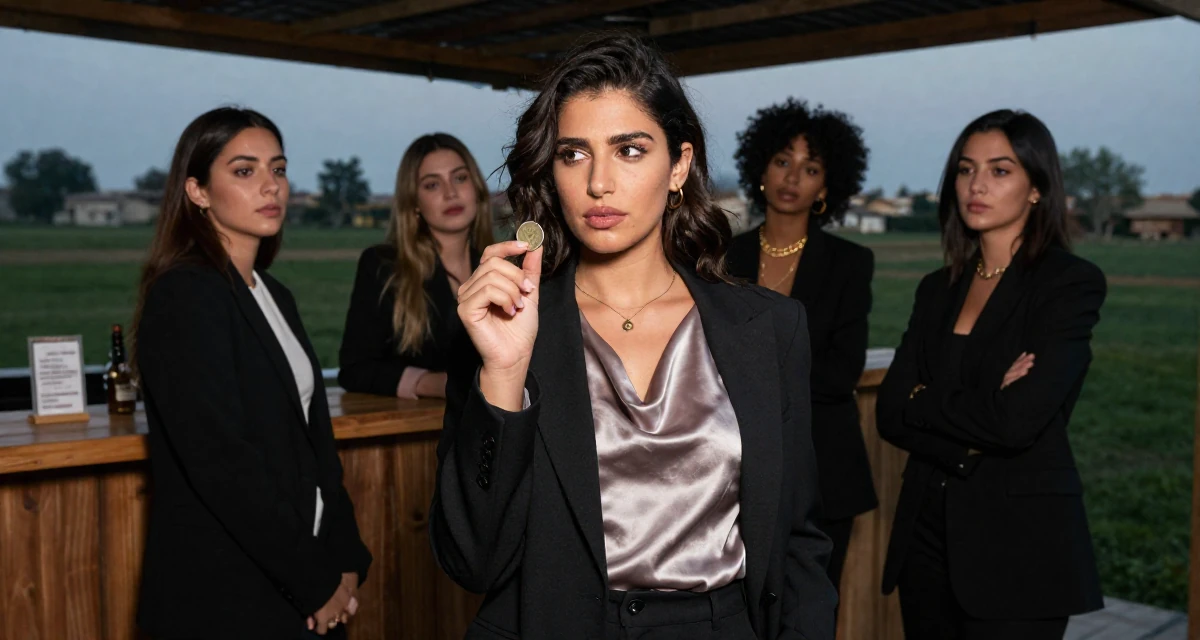 A longing Female From Cairo Egypt, studied expressive arts therapy in their 20, feeling invincible on a night out with friends, wearing a satin cowl neck top under a business suit, flipping a coin in a farm field.