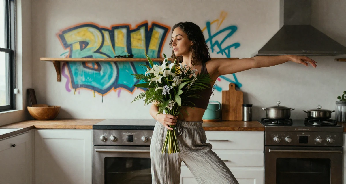 A dreaming Female From Sydney Australia, trained in pole fitness and expressive dance in their 32, exploring sustainable fashion and ethical living, wearing a relaxed fit pleated trousers, holding a bouquet in a rustic kitchen.