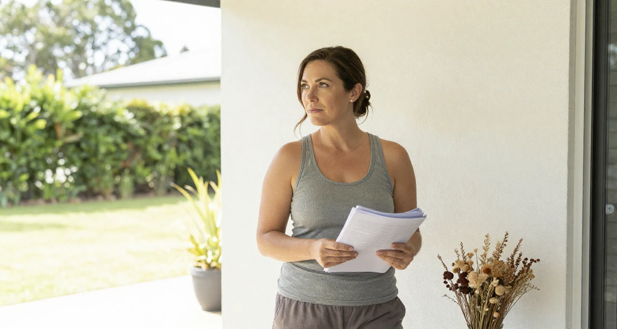 A thoughtful Female From Brisbane Australia, majored in physiotherapy in their 45, documenting the renovation of a vacation home, wearing a fitted vest top worn without a shirt underneath and slacks, carrying a stack of documents in a sunny patio.