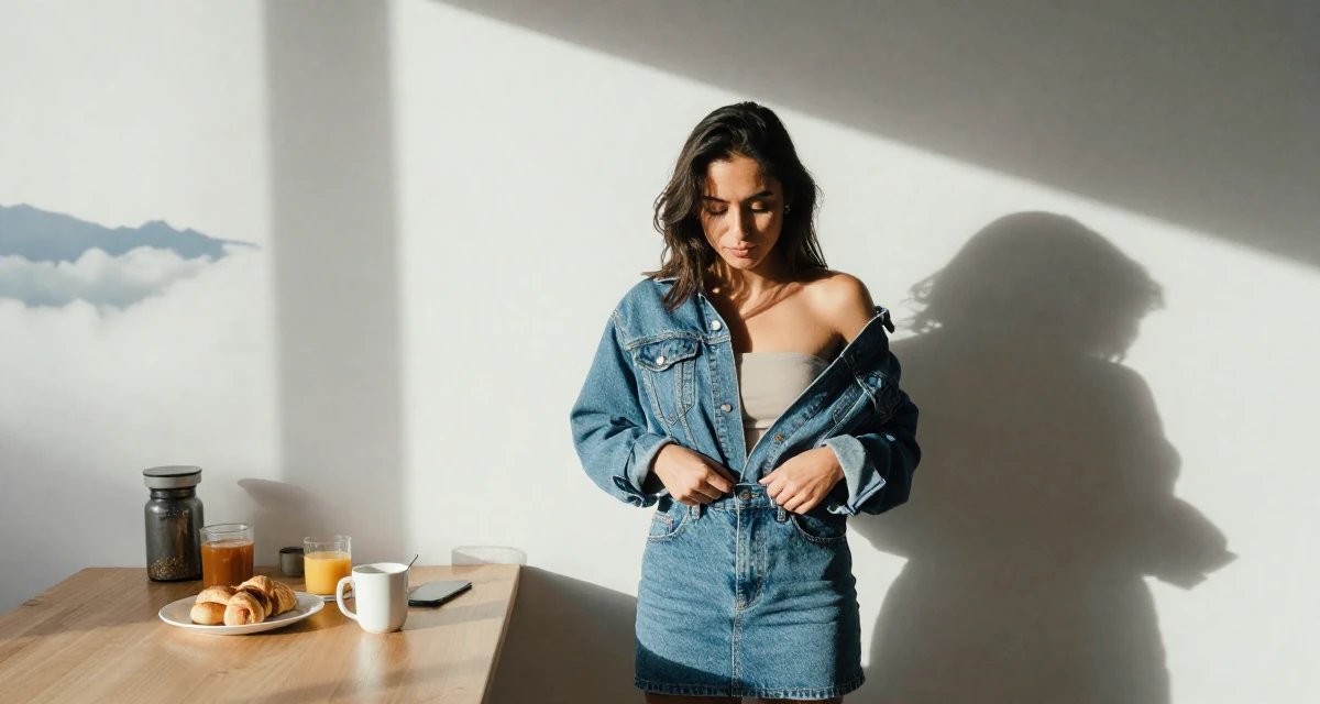 A playful Female From Bolivia, studied graphic design at a technical school in their 25, experimenting with outfit themes and props, wearing a denim jacket worn off-shoulder over a tube top, fixing the hem of a skirt in a breakfast nook.