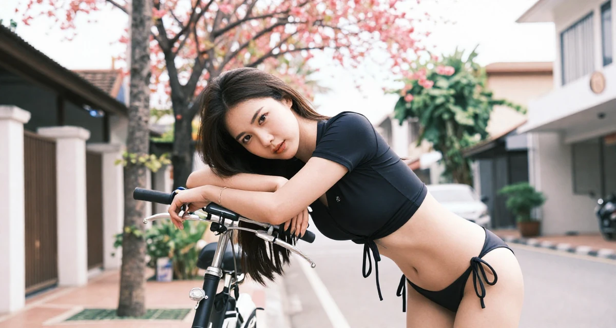 A confident and poised Female From Thailand, based in Phuket, graduated from a media academy majoring in tropical glamour production in their 25, learning to flirt through camera presence alone, wearing a cropped rash guard and bikini bottom, leaning head on a hand in a quaint European street.