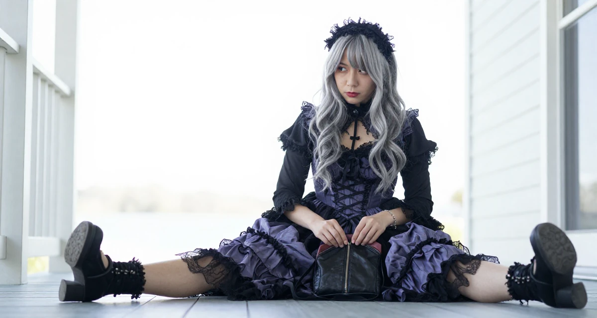 A distracted Female From Wellington New Zealand, majored in sociology in their 48, embracing grey hair with style and grace, wearing a elaborate gothic lolita dress with frills and lace, zipping up a bag in a front porch.
