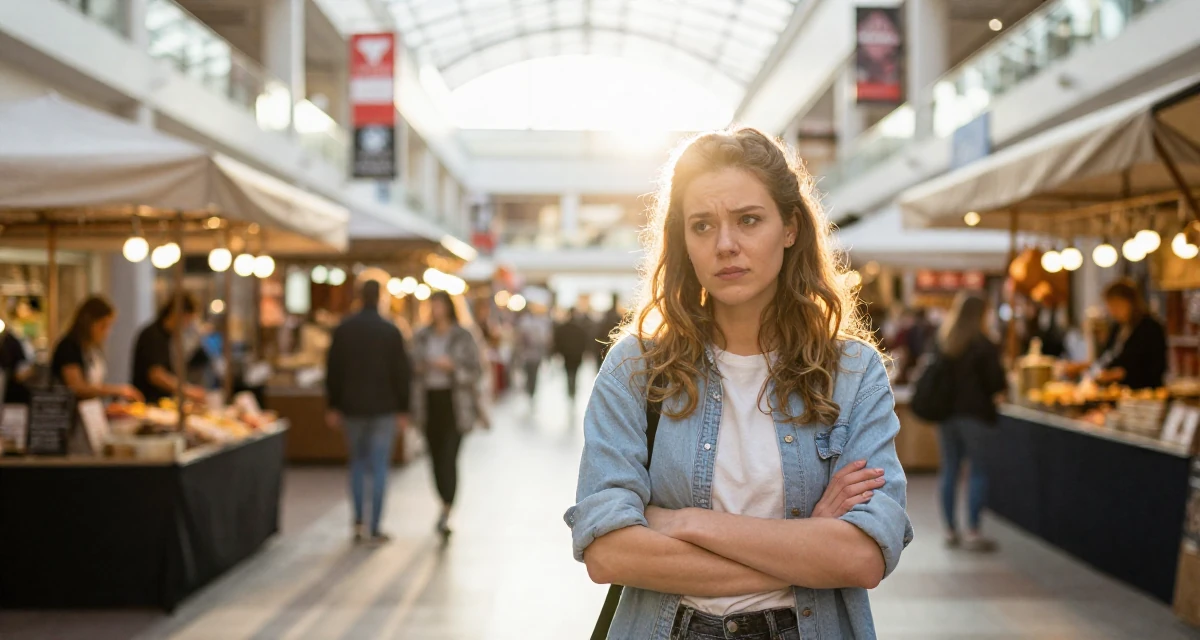 A glowing Female From Finland, based in Espoo, graduated from a design institute majoring in atmospheric lighting arts in their 22, comparing growth with other creators and feeling pressure, wearing a casual weekend brunch outfit, shifting weight impatiently in a shopping mall atrium.