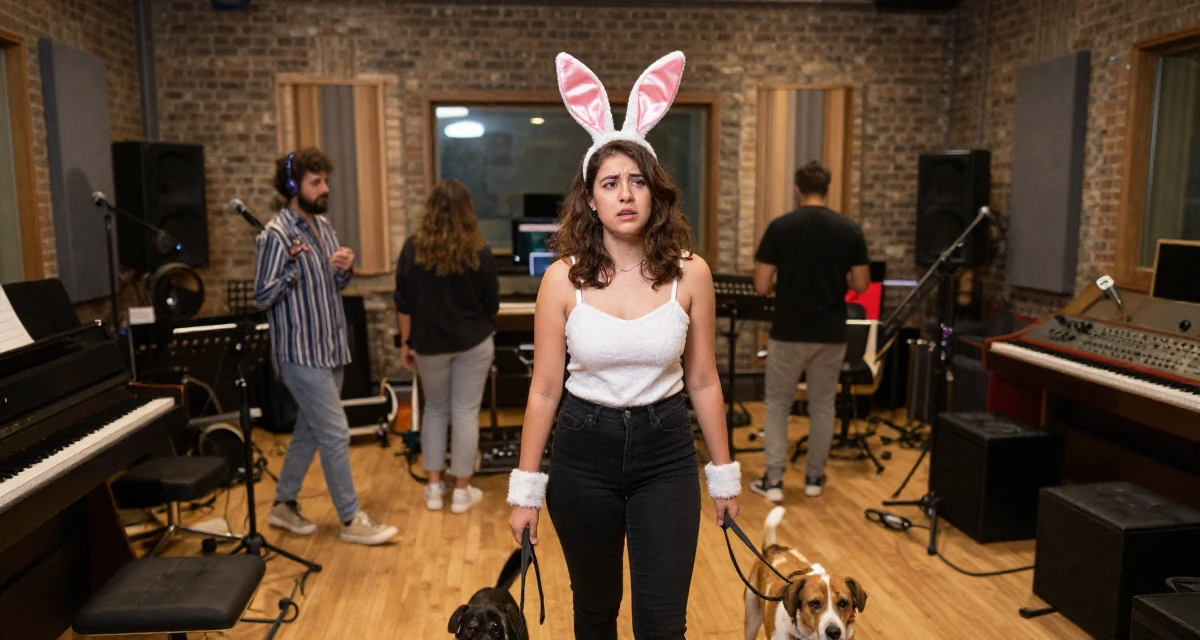 A emotionally moved Female Raised in Bangladesh, studied consumer insights in their 28, new to financial independence, wearing a playful bunny girl costume with satin ears and cuffs, walking a dog (leash visible) in a music studio.
