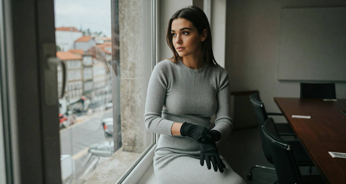 A deeply thinking Female From Porto Portugal, studied creative makeup for expressive shoots in their 22, balancing personal dating life with creator identity, wearing a ribbed lounge set that hugs the curves, putting on a glove in a conference room.