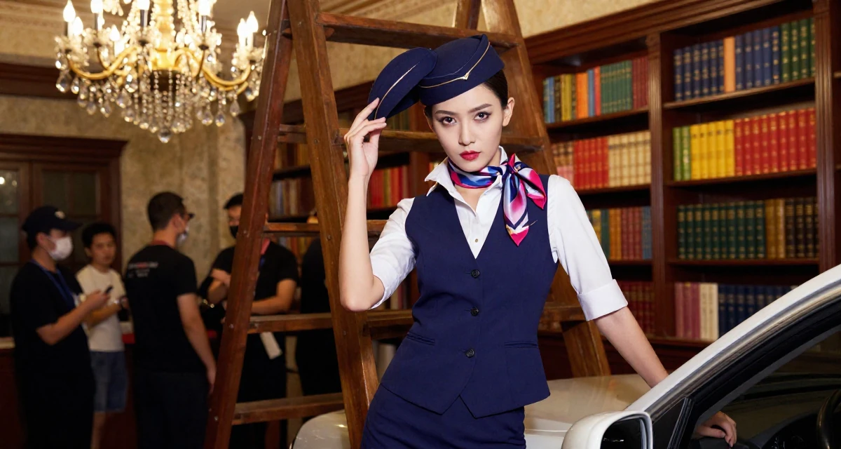 A intimidating Female From Macau, learned performance makeup from casino backstage crews in their 27, accepting that success requires endless reinvention, wearing a flight attendant uniform with a silk scarf, holding a hat in a old library with wooden ladders.