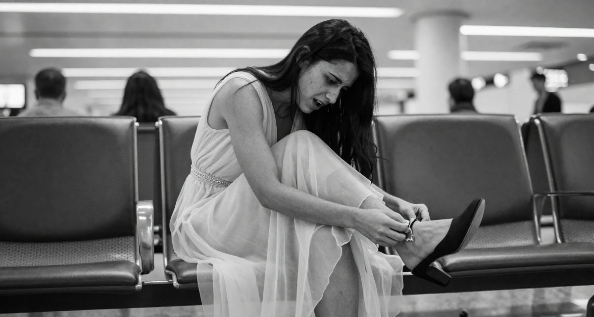 A spirited Female From Chile, majored in international business at a private university in their 20, feeling overwhelmed by academic pressure and expectations, wearing a ethereal spirit dress made of flowing sheer chiffon, dangling a shoe from one foot in a airport departure lounge.