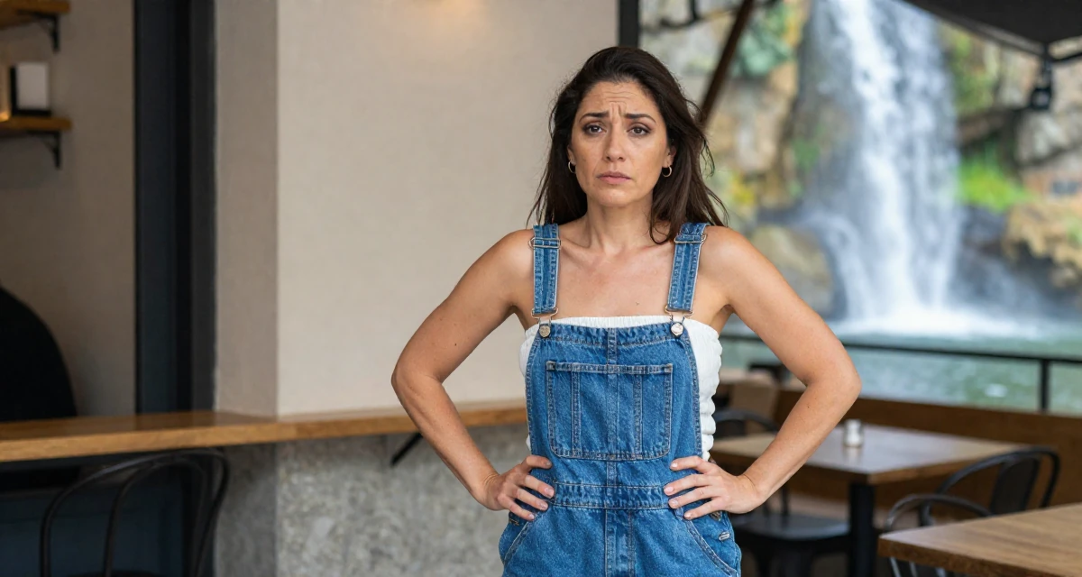 A indifferent Female From Porto Portugal, studied creative makeup for expressive shoots in their 26, facing the fear of aging out before even “making it”, wearing a tube top and oversized denim overalls with one strap down, shifting weight impatiently in a coffee shop corner.