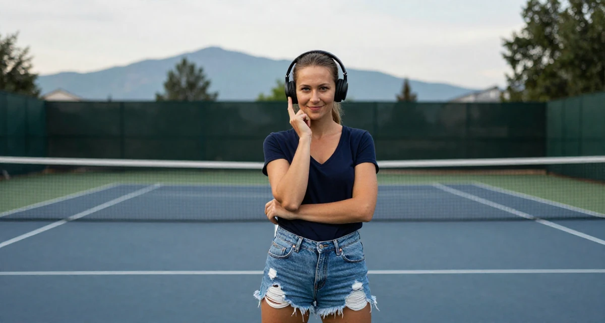 A positive Female From Saint Petersburg Russia, studied fine arts in their 25, stabilizing monthly income and planning long-term strategy, wearing a deep v-neck t-shirt and distressed denim shorts, listening to music with headphones in a tennis court.