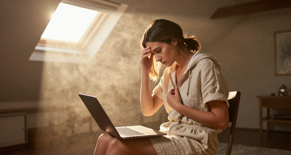 A patient Female From United States, studied civil service management in their 24, learning to work through emotional lows, wearing a chic summer linen outfit, zipping up a hoodie in a attic room.
