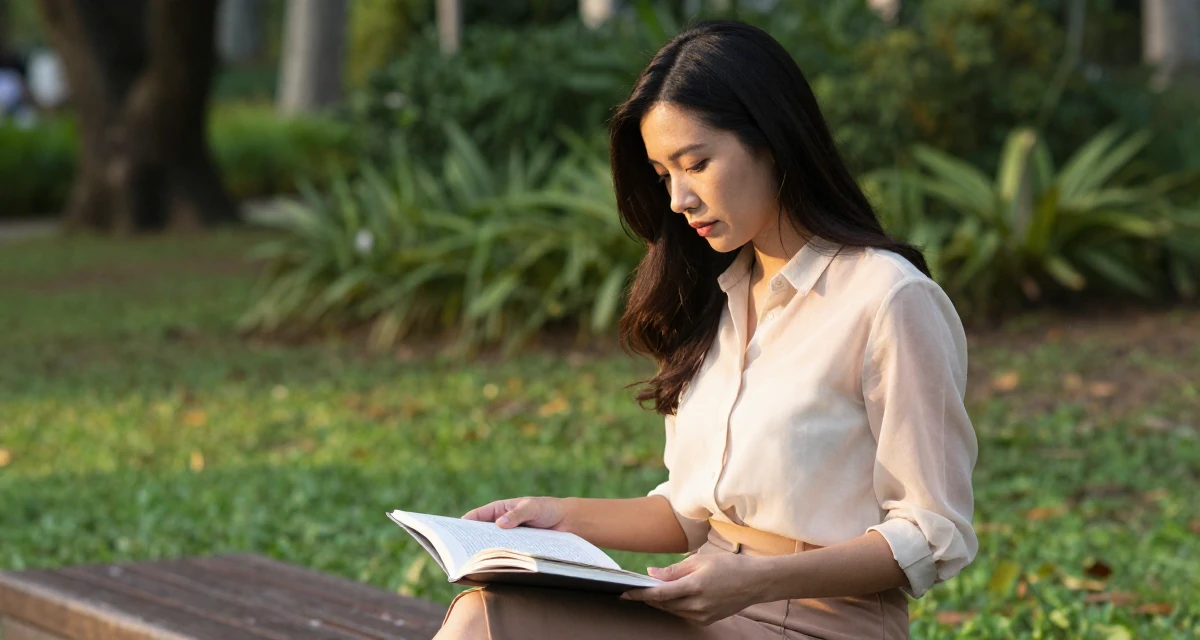 A soulful Female From Singapore, based in Jurong, graduated from a polytechnic majoring in aesthetic marketing in their 24, curating a specific high-end lifestyle, wearing a sheer sleeve blouse and a high-waisted skirt, turning a page in a quiet park.