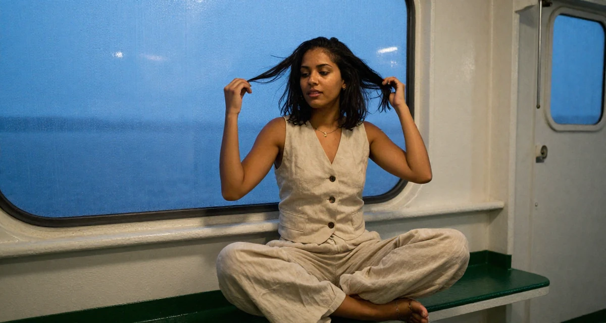 A open and honest Female From Gabon, studied oil and gas management in their 22, maintaining emotional distance while delivering flirty energy, wearing a sleeveless vest top and wide-leg linen pants, fixing a loose strand of hair in a ferry deck.