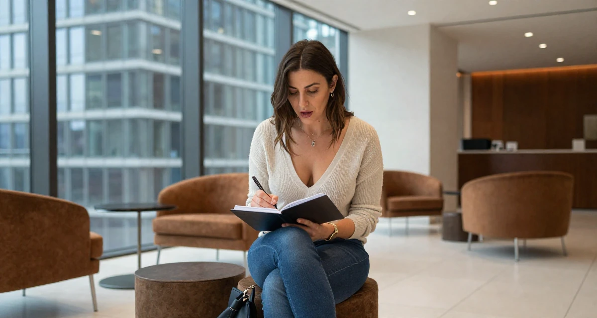 A passionate Female From Madrid Spain, studied sensual dance and camera presence in their 31, sharing the reality of post-partum recovery, wearing a plunging v-neck sweater and skinny jeans, writing in a notebook in a modern skyscraper lobby.