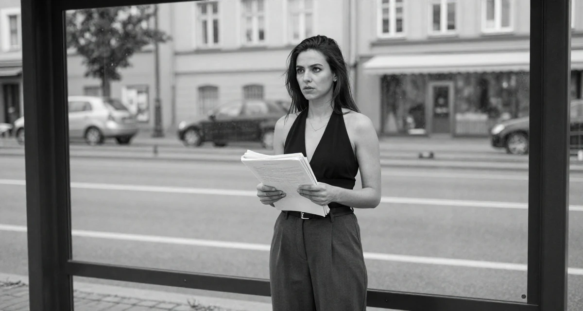 A intense Female From Poland, based in Gdańsk, graduated from a communication college majoring in expressive personal branding in their 22, planning monthly photoshoots on a tight budget, wearing a halter neck top and wide-leg office trousers, carrying a stack of documents in a bus stop.