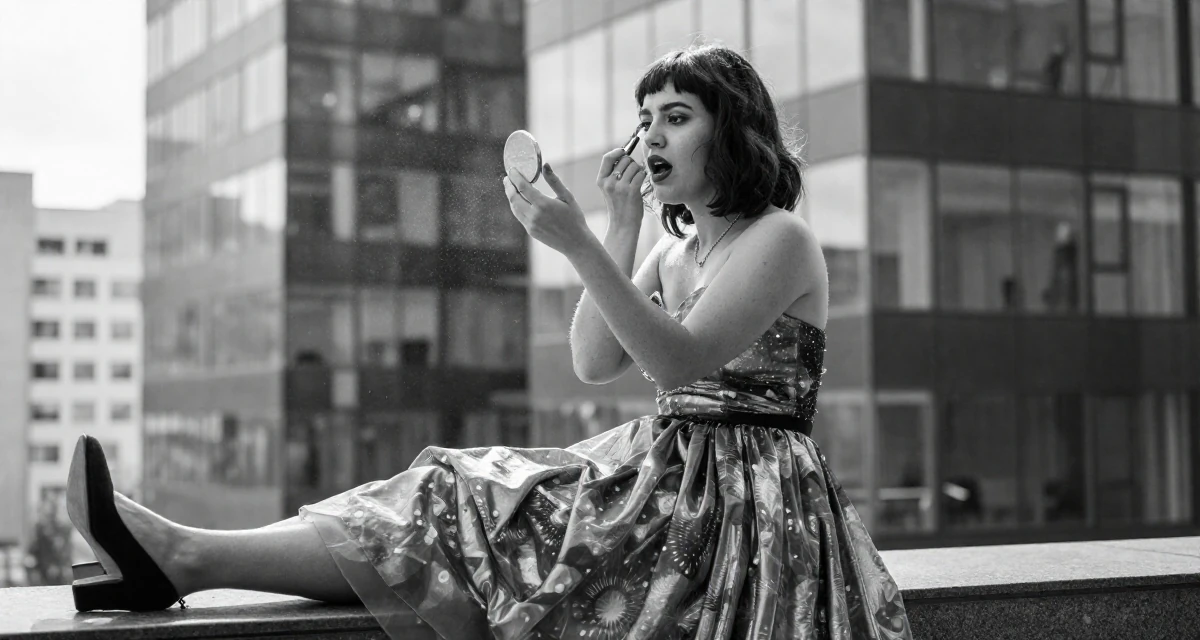 A bold and charismatic Female From Georgia, based in Batumi, graduated from a local academy majoring in social media management in their 23, managing early burnout from overcommitment, wearing a galactic princess gown with metallic fabrics, checking makeup in a compact mirror in a modern skyscraper lobby.