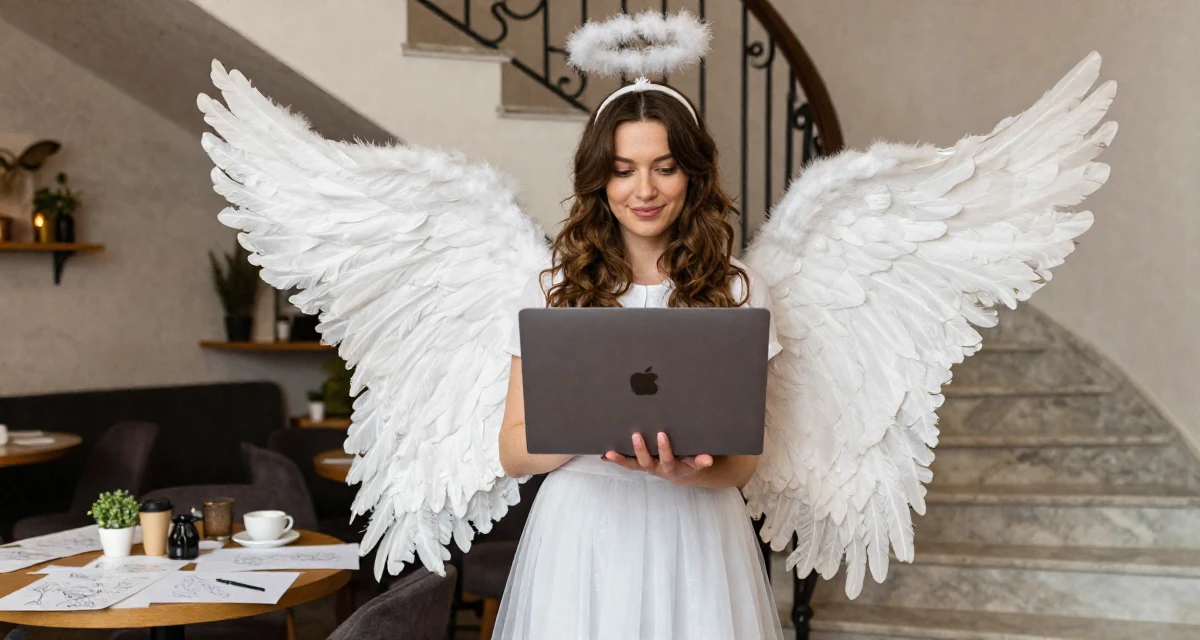 A satisfied Female From Estonia, based in Tartu, graduated from a state university majoring in digital culture in their 25, exploring monetization without compromising comfort, wearing a angel costume with large feathered wings and a halo, holding a laptop in a cozy café.