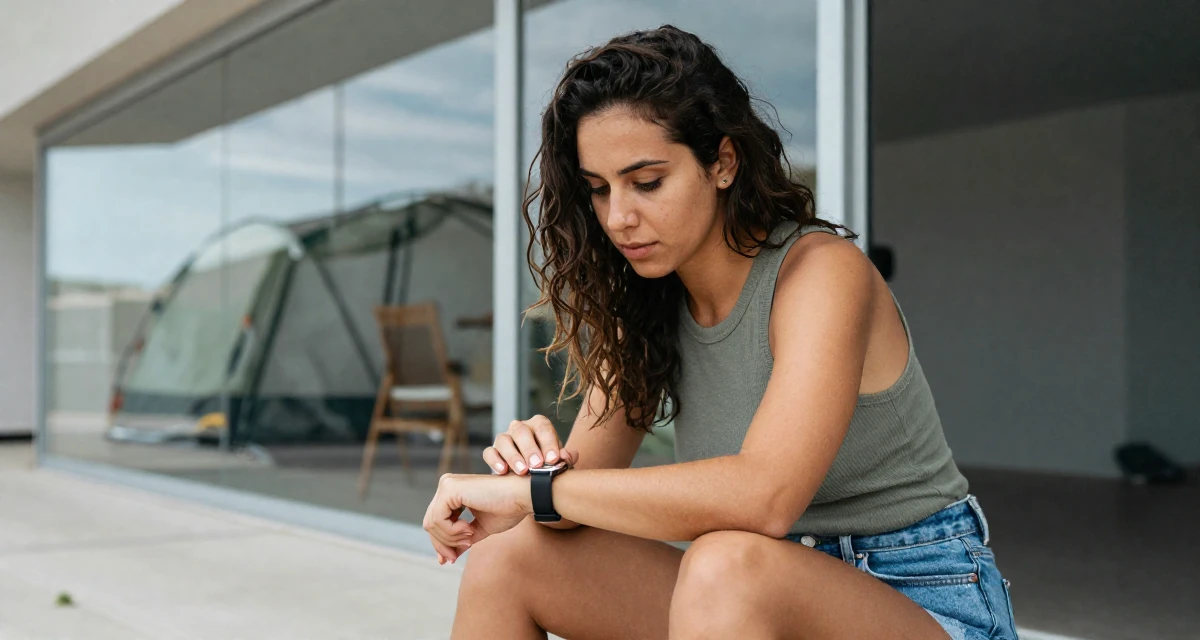A engrossed Female From Lisbon Portugal, majored in digital communication in their 31, exploring local culture and hidden gems, wearing a fitted ribbed tank top and high-waisted denim shorts, checking a wristwatch in a camping site.