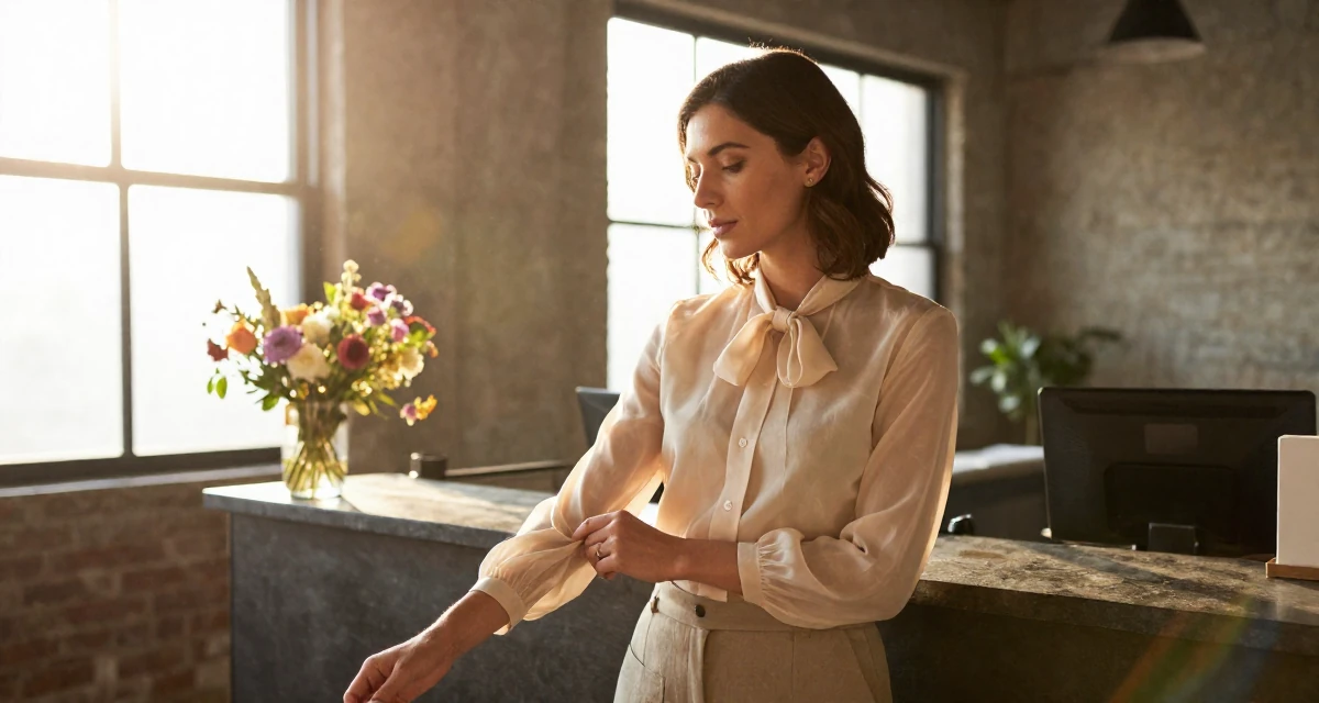 A calm Female Former receptionist at a spa, now blending wellness with creator content in their 32, managing high-stakes projects with calm, wearing a sheer chiffon blouse with a bow tie neck and slacks, adjusting sleeves in a industrial loft.