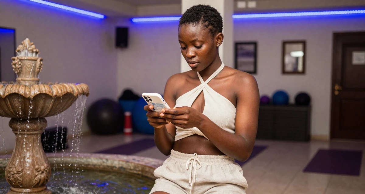 A aloof but intriguing Female From Nigeria, majored in business communication in their 24, figuring out how to manage trolls and harassment, wearing a criss-cross halter neck top and linen shorts, examining a product in a yoga studio.