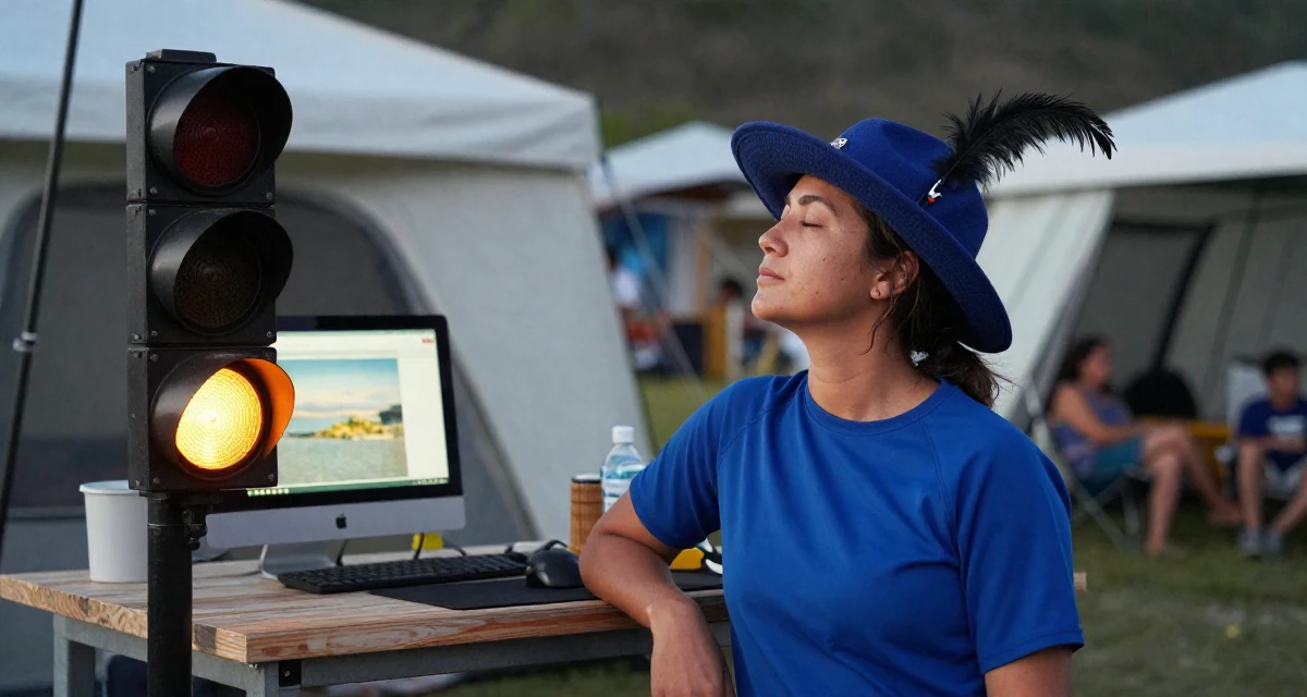 A calmly observant Female Once a lifeguard, now shooting athletic, beach-centered content in their 40, managing a family business with dedication, wearing a royal musketeer tunic with a feathered hat, waiting for a light to change in a camping site.