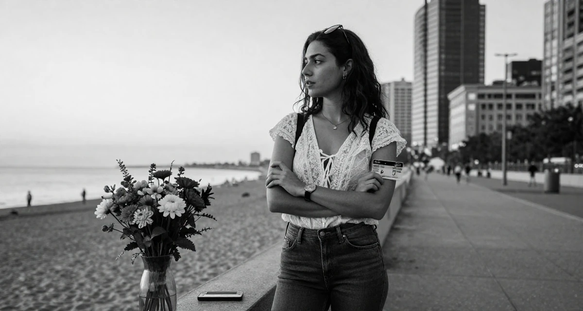 A engrossed Female Previously a travel-blog student, now turning trips into premium creator content in their 32, urban explorer finding beauty in the city, wearing a lace-up front top and skinny jeans, holding a subway card in a sunset beach.