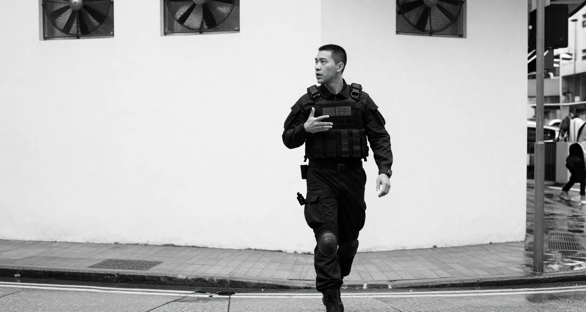 A pensive male From Hong Kong, trained in contemporary dance and visual expression in their 22, building fans who appreciate charm over shock, wearing a special forces tactical suit in matte black, gesturing while talking in a rainy street corner.