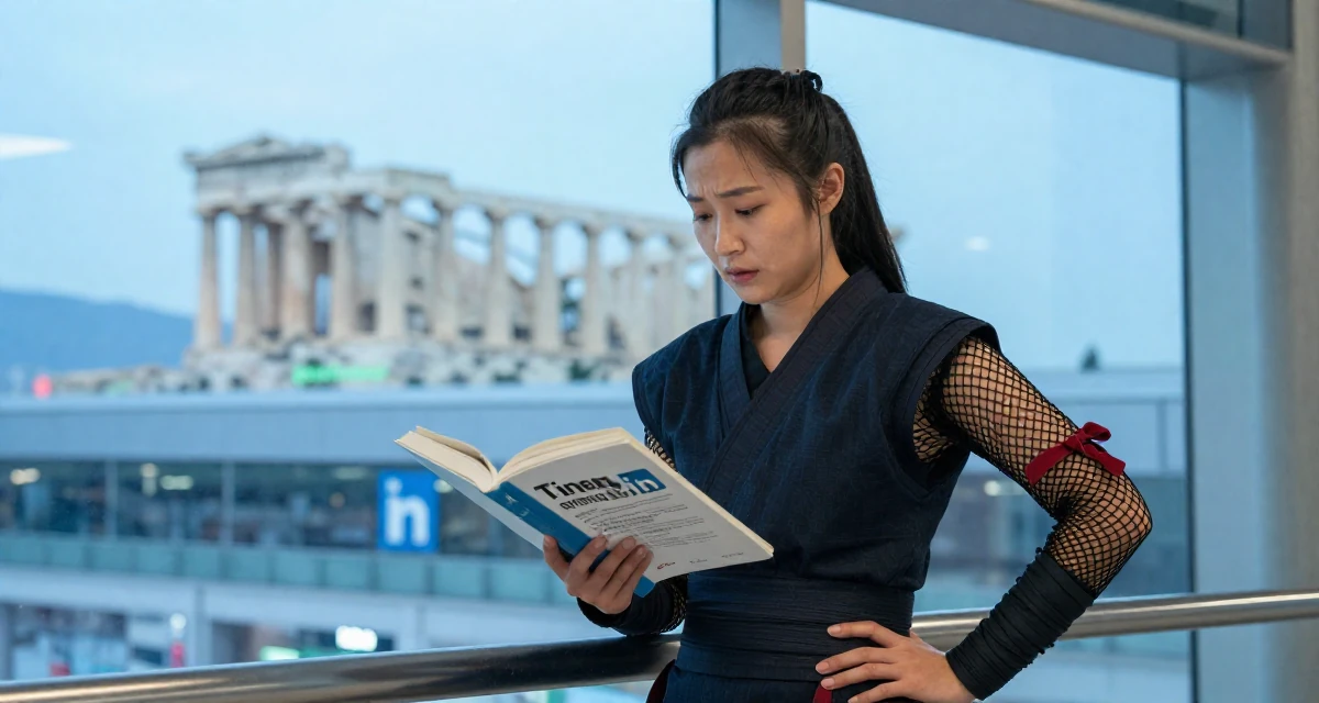 A emotionally moved Female From Chinese-speaking regions, studied mechanical design in their 32, building a personal brand on LinkedIn, wearing a ninja kunoichi outfit with fishnet details, opening a book in a airport terminal.