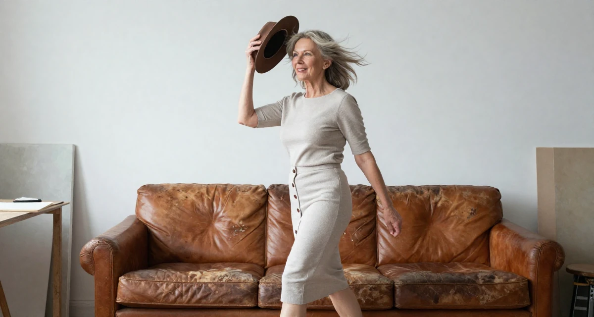 A spirited Female From Poland, majored in international relations in their 50, sharing the secrets of graceful aging, wearing a fitted midi skirt with buttons down the front, holding a hat against the wind in a artist workshop.