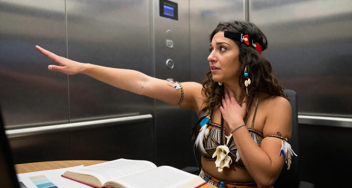 A emotionally moved Female From the United Kingdom, based in Manchester, graduated from a city university majoring in marketing strategy in their 25, experimenting with color palettes that feel sensual, wearing a tribal shaman outfit with feathers and bones, clasping hands together in a corporate elevator.