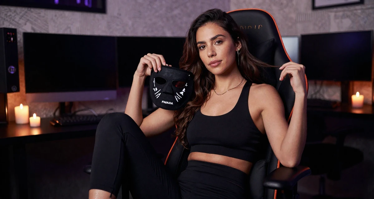 A reassured Female From Canada, based in Montreal, graduated from a design program majoring in intimate visual arts in their 31, investing in personal health and fitness, wearing a urban minimalist silhouette, holding a mask (cosplay/prop) in a gaming room.