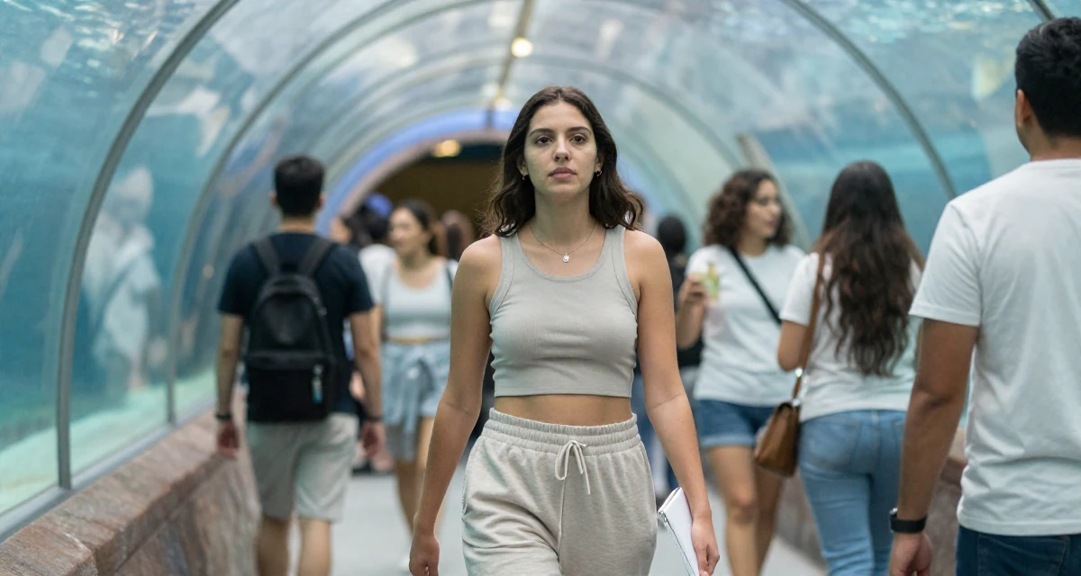 A quietly confident Female From Mexico, studied public relations in their 23, making decisions that will shape future lifestyle, wearing a cropped tank top and low-waisted sweatpants, holding a notebook in a aquarium tunnel.