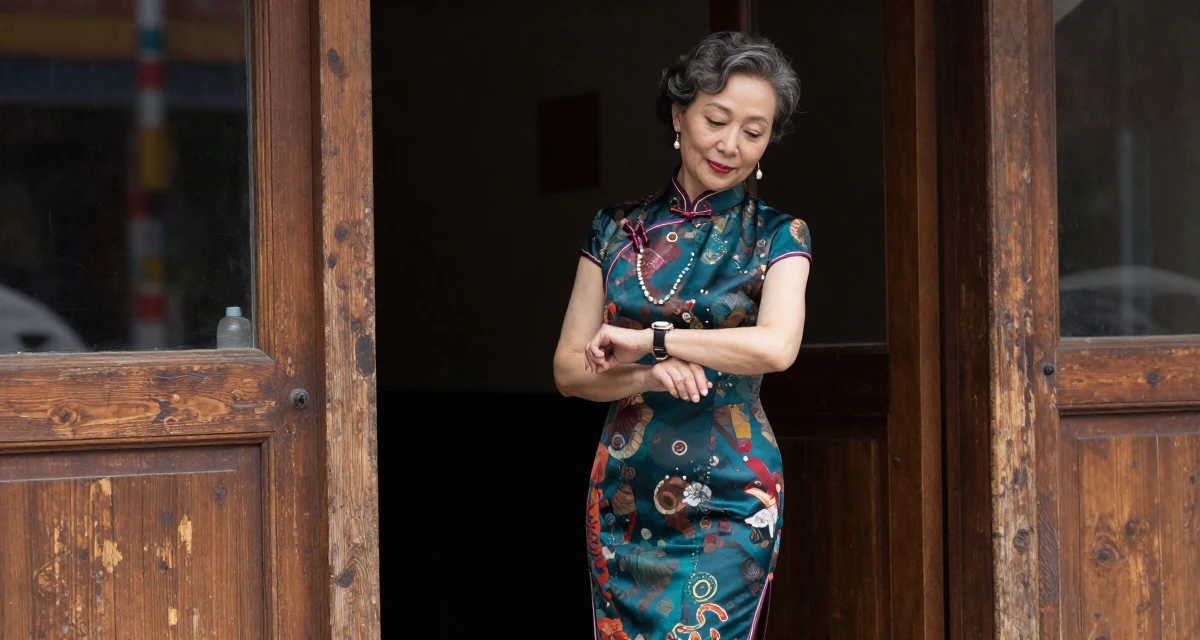 A confident Female From United States, studied French literature in their 40, defying stereotypes of aging women, wearing a Chinese qipao (cheongsam) modified with a high slit, checking a wristwatch in a cinema entrance.