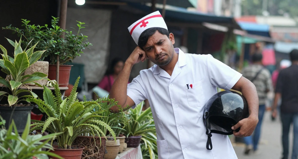 A tense male From Bangladesh, based in Chittagong, graduated from a technical college majoring in graphic design in their 48, finding purpose beyond motherhood, wearing a nurse cosplay uniform with a stylized cap, holding a helmet under one arm in a night market stall.
