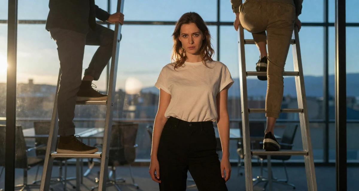 A cynical Female From Switzerland, based in Geneva, graduated from a local university majoring in communication management in their 28, feeling behind while peers climb stable career ladders, wearing a minimalist everyday clothing, shifting weight impatiently in a glass-walled conference room.