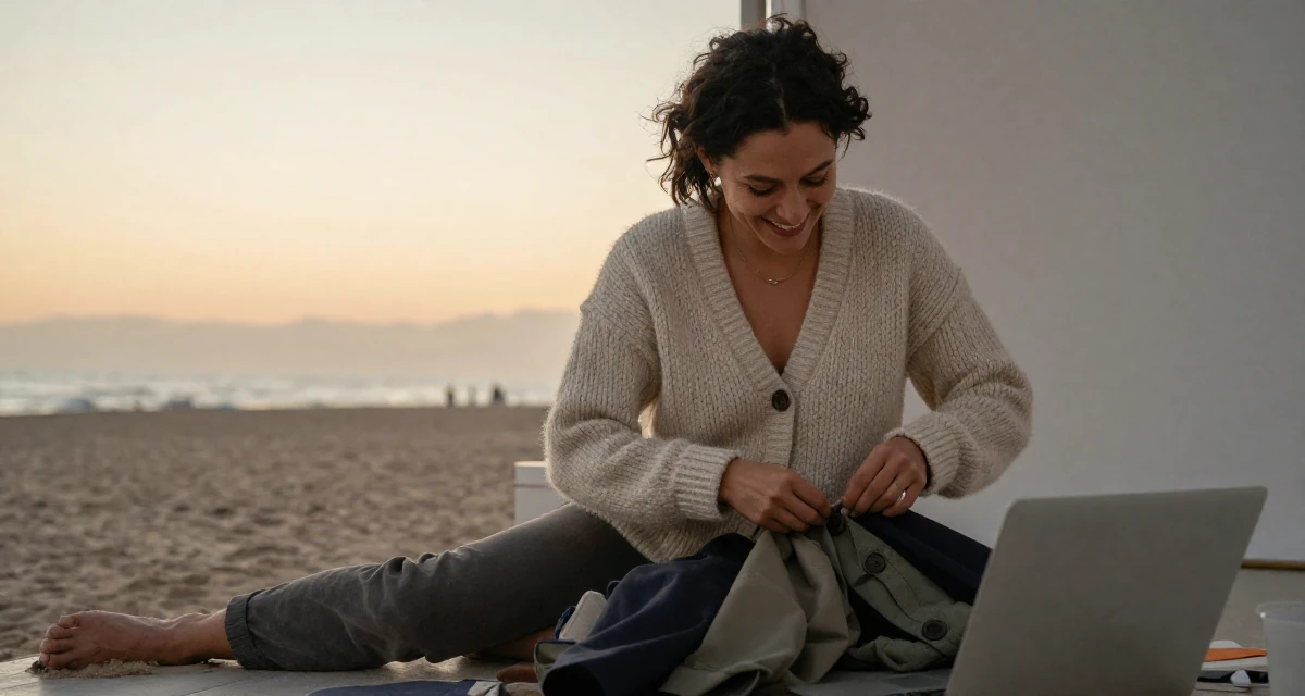 A joyful Female Once a med-school dropout, now exploring emotional vulnerability through art in their 25, forcing productivity during slow months, wearing a cozy knit cardigan and slacks, buttoning a jacket in a sunset beach.
