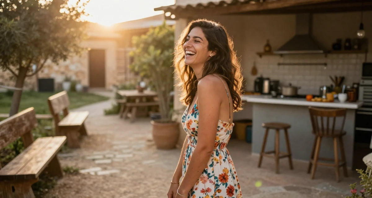 A introspective Female From Israel, has a background in tech startups in their 25, developing discipline through daily habits, wearing a backless summer sundress in a floral print, laughing uncontrollably in a rustic kitchen.